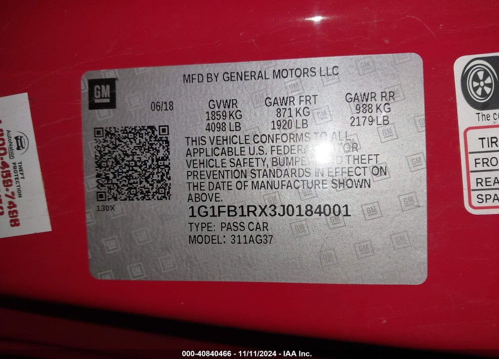 2018 CHEVROLET CAMARO 1LT VIN: 1G1FB1RX3J0184001