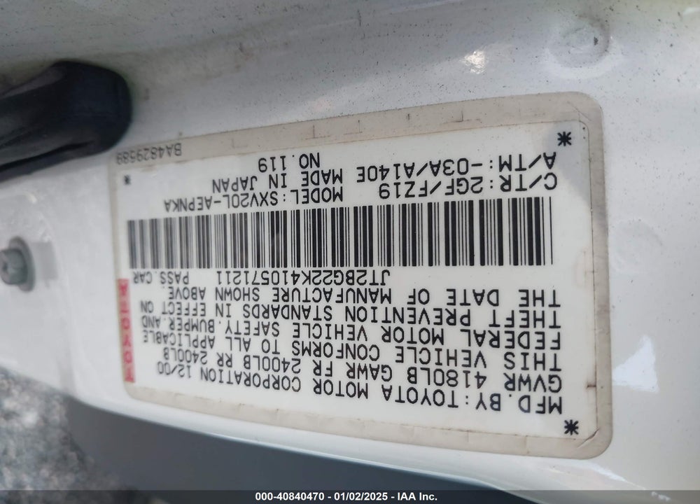 2001 TOYOTA CAMRY VIN: JT2BG22K410571211
