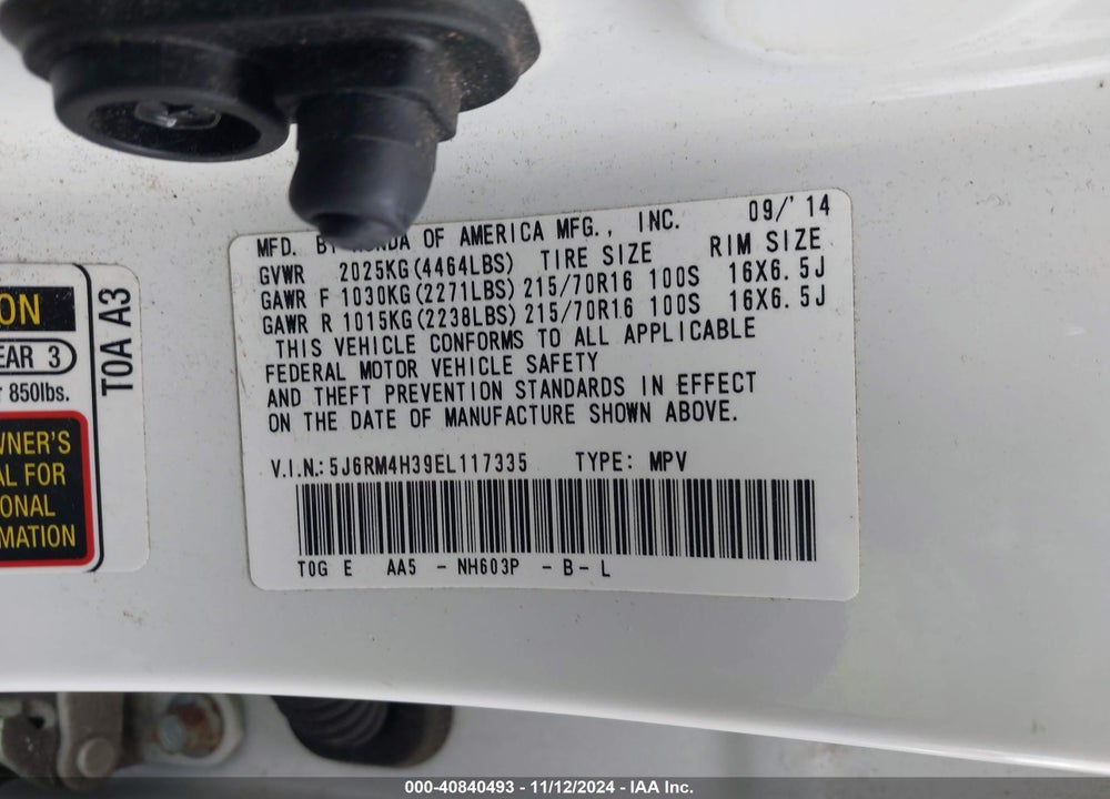 2014 HONDA CR-V LX VIN: 5J6RM4H39EL117335