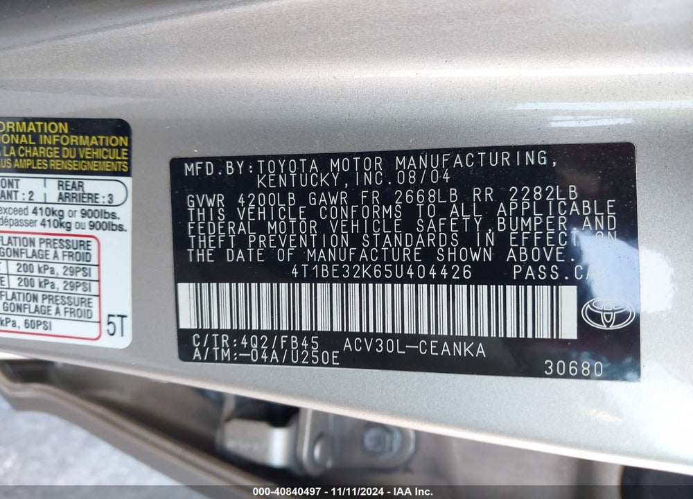 2005 TOYOTA CAMRY STD/ VIN: 4T1BE32K65U404426