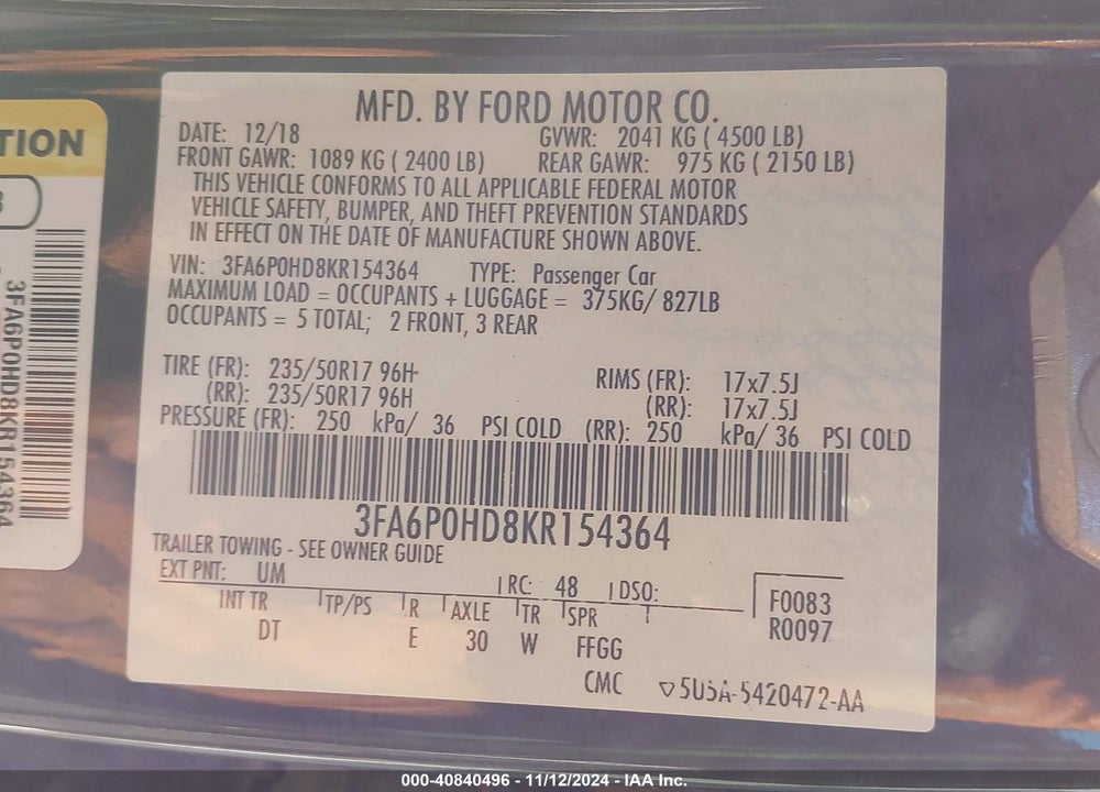 2019 FORD FUSION SE VIN: 3FA6P0HD8KR154364