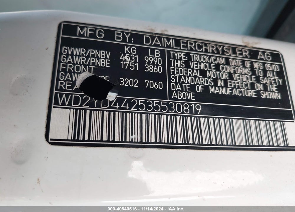 2003 DODGE SPRINTER VAN 3500 HIGH CEILING/SUPER HIGH CEILING VIN: WD2YD442535530819