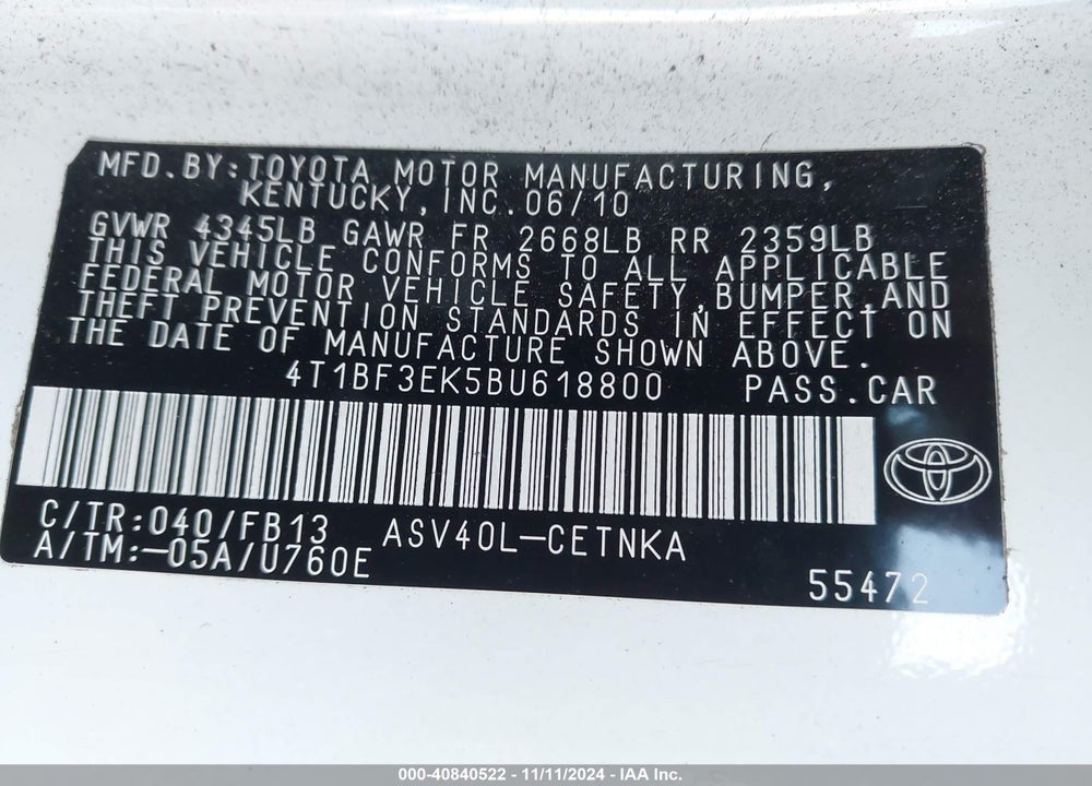2011 TOYOTA CAMRY LE VIN: 4T1BF3EK5BU618800