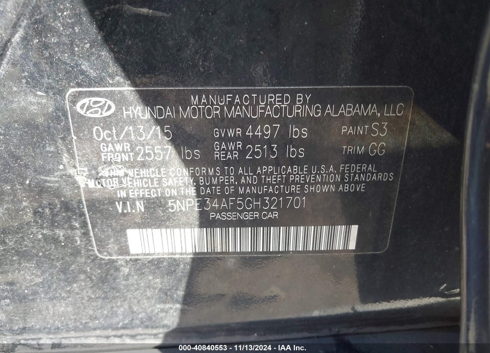 2016 HYUNDAI SONATA SPORT VIN: 5NPE34AF5GH321701