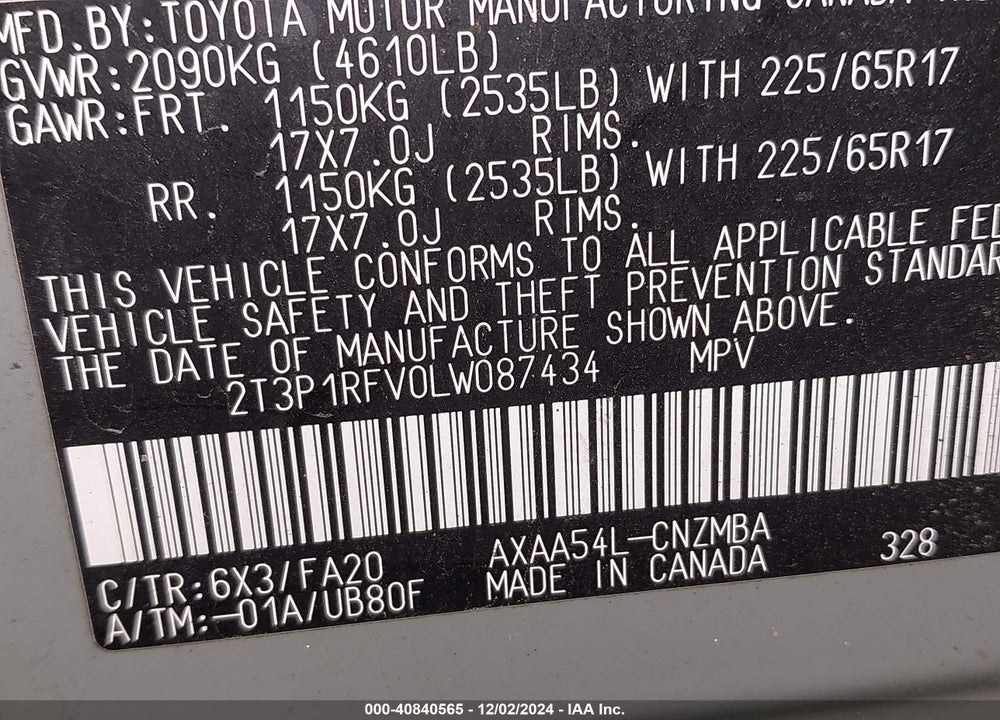 2020 TOYOTA RAV4 XLE VIN: 2T3P1RFV0LW087434