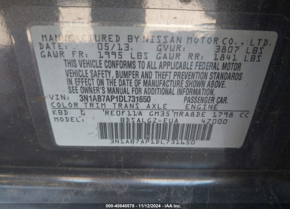 2013 NISSAN SENTRA VIN: 3N1AB7AP1DL731650