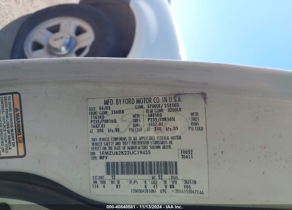 2003 FORD EXPLORER XLS VIN: 1FMZU62K23UC19435