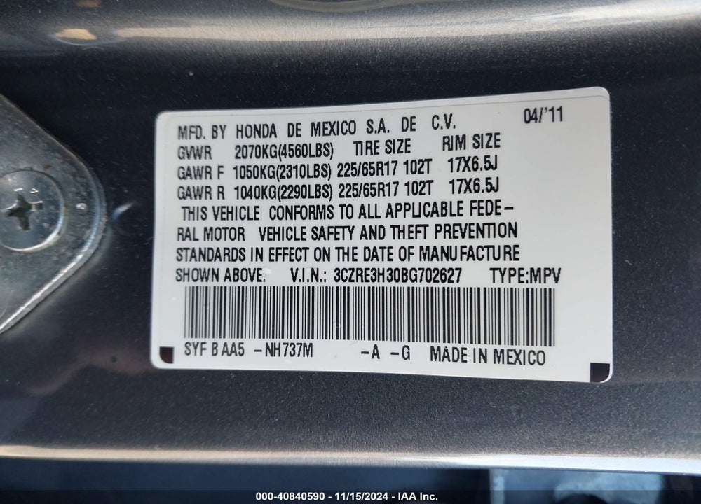 2011 HONDA CR-V LX VIN: 3CZRE3H30BG702627