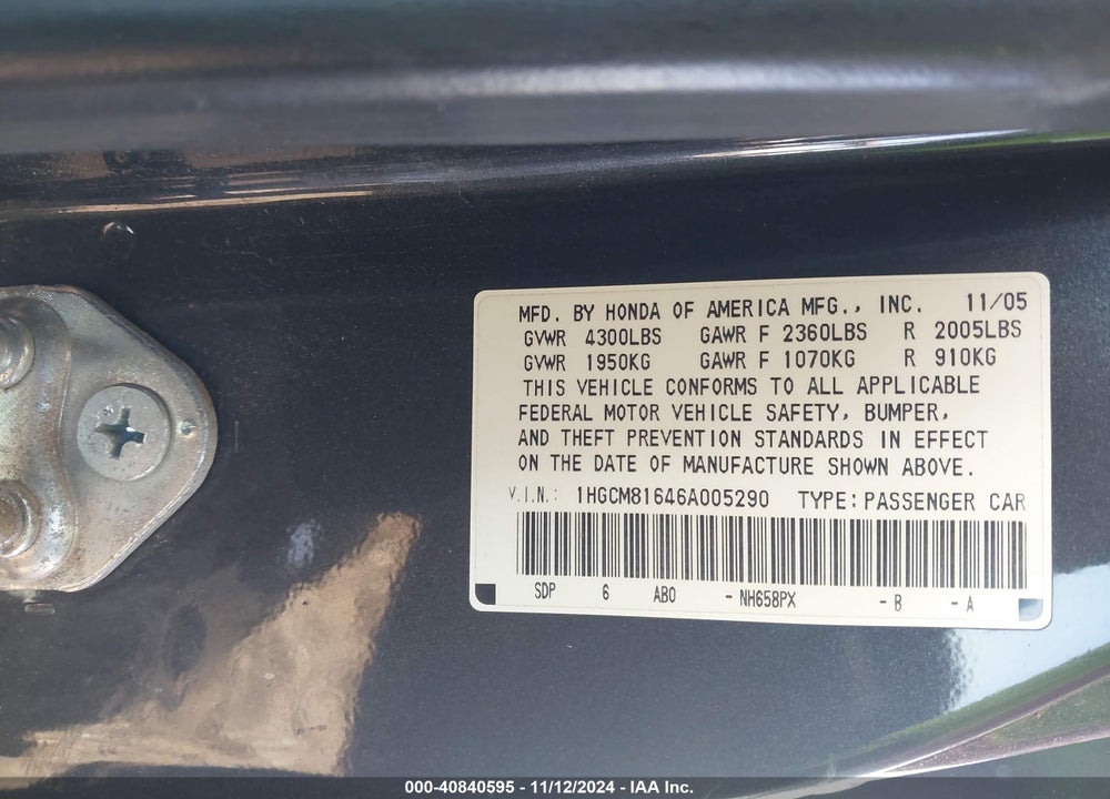 2006 HONDA ACCORD 3.0 EX VIN: 1HGCM81646A005290