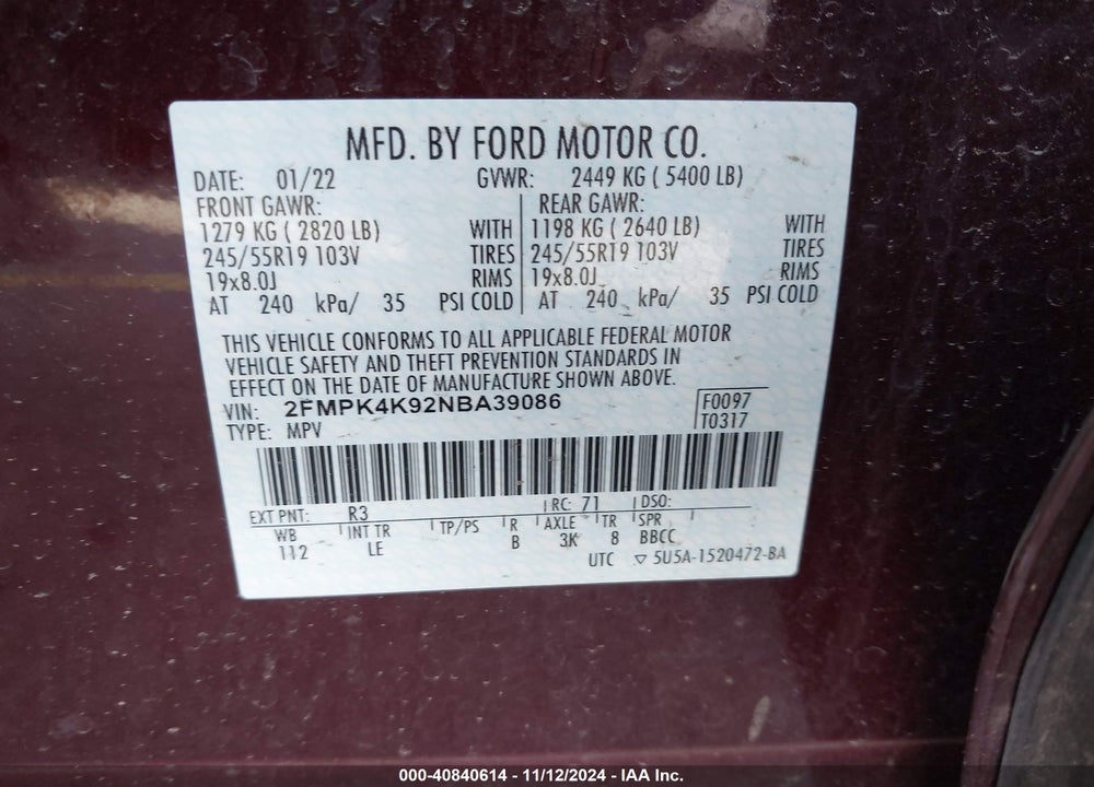 2022 FORD EDGE TITANIUM VIN: 2FMPK4K92NBA39086