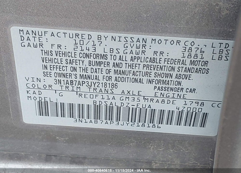 2018 NISSAN SENTRA SV VIN: 3N1AB7AP3JY218186
