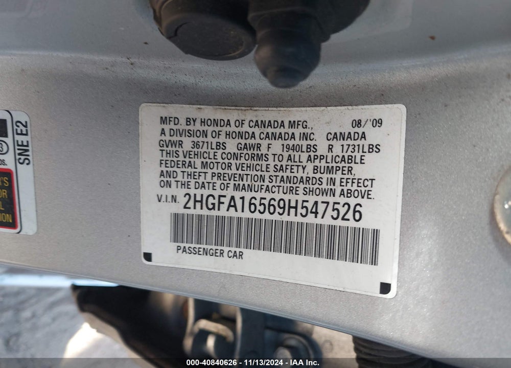 2009 HONDA CIVIC LX VIN: 2HGFA16569H547526
