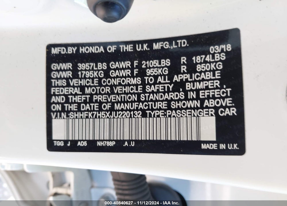 2018 HONDA CIVIC EX VIN: SHHFK7H5XJU220132