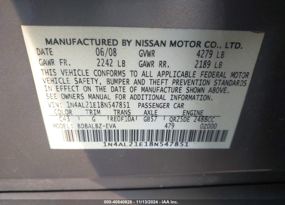 2008 NISSAN ALTIMA 2.5 S VIN: 1N4AL21E18N547851