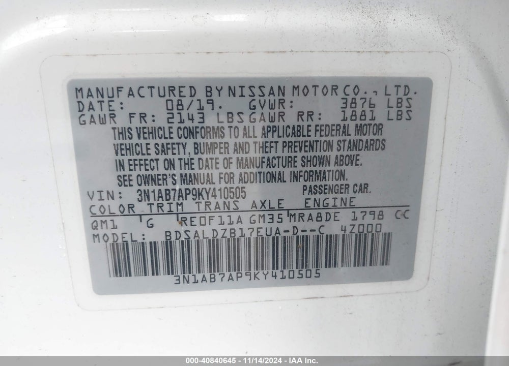 2019 NISSAN SENTRA SV VIN: 3N1AB7AP9KY410505