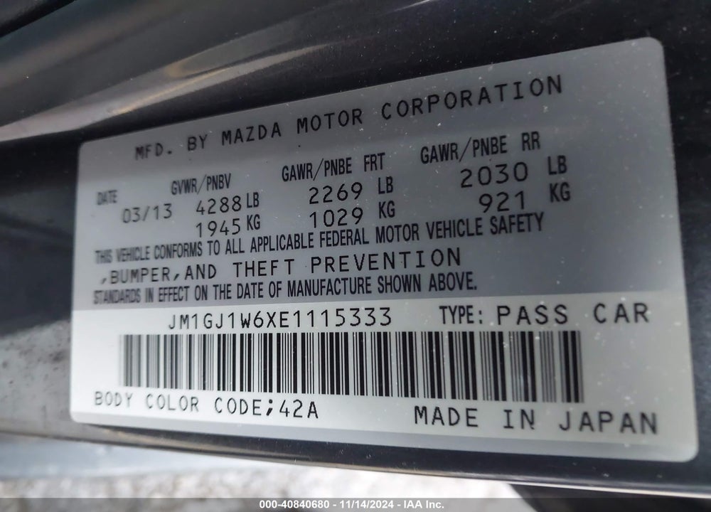 2014 MAZDA 6 I GRAND TOURING VIN: JM1GJ1W6XE1115333