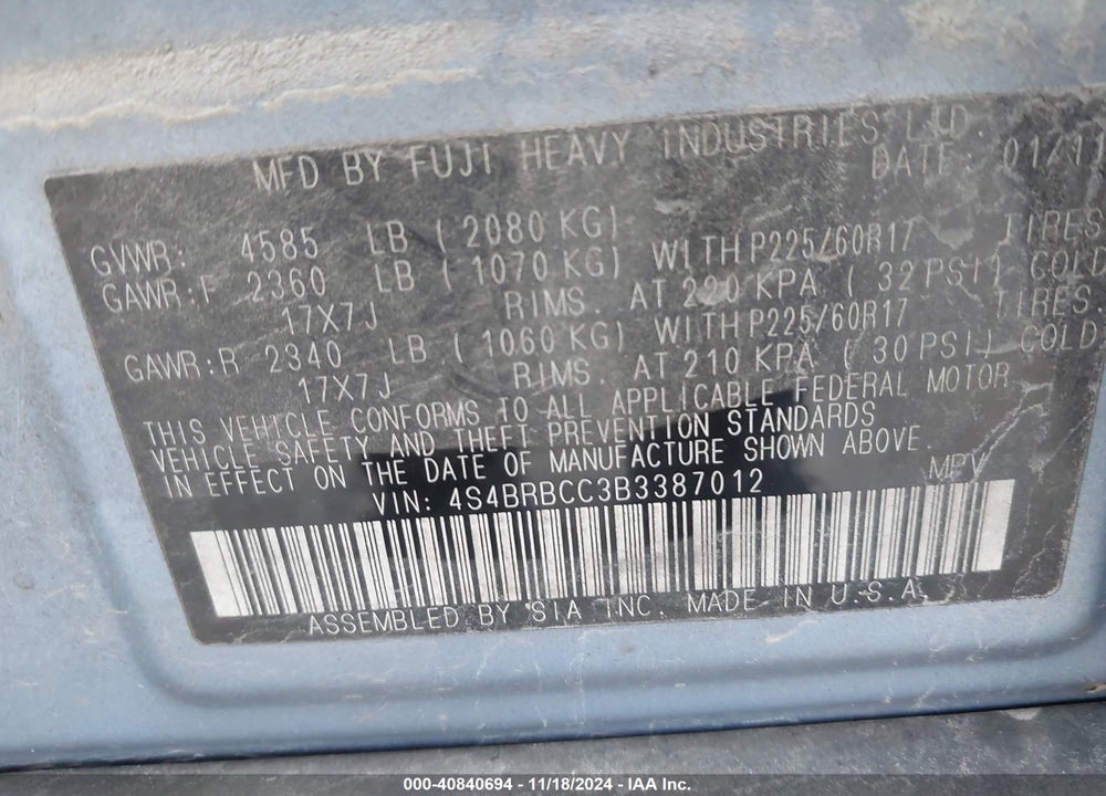 2011 SUBARU OUTBACK 2.5I PREMIUM VIN: 4S4BRBCC3B3387012