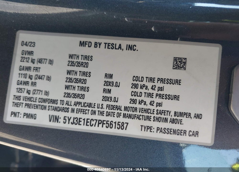 2023 TESLA MODEL 3 PERFORMANCE DUAL MOTOR ALL-WHEEL DRIVE VIN: 5YJ3E1EC7PF561587