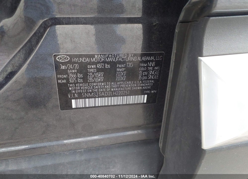 2020 HYUNDAI SANTA FE SE VIN: 5NMS23AD2LH220251