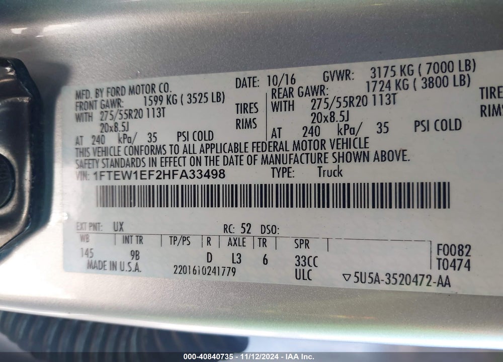 2017 FORD F-150 PLATINUM VIN: 1FTEW1EF2HFA33498