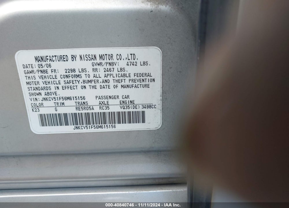 2006 INFINITI G35X VIN: JNKCV51F56M615156