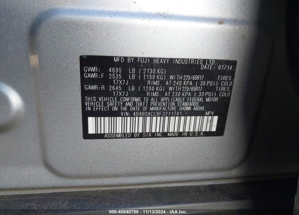 2015 SUBARU OUTBACK 2.5I PREMIUM VIN: 4S4BSACC8F3211741