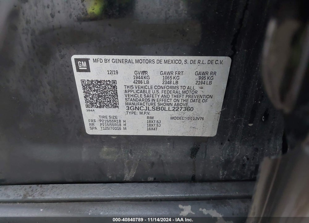 2020 CHEVROLET TRAX FWD LT VIN: 3GNCJLSB0LL227360