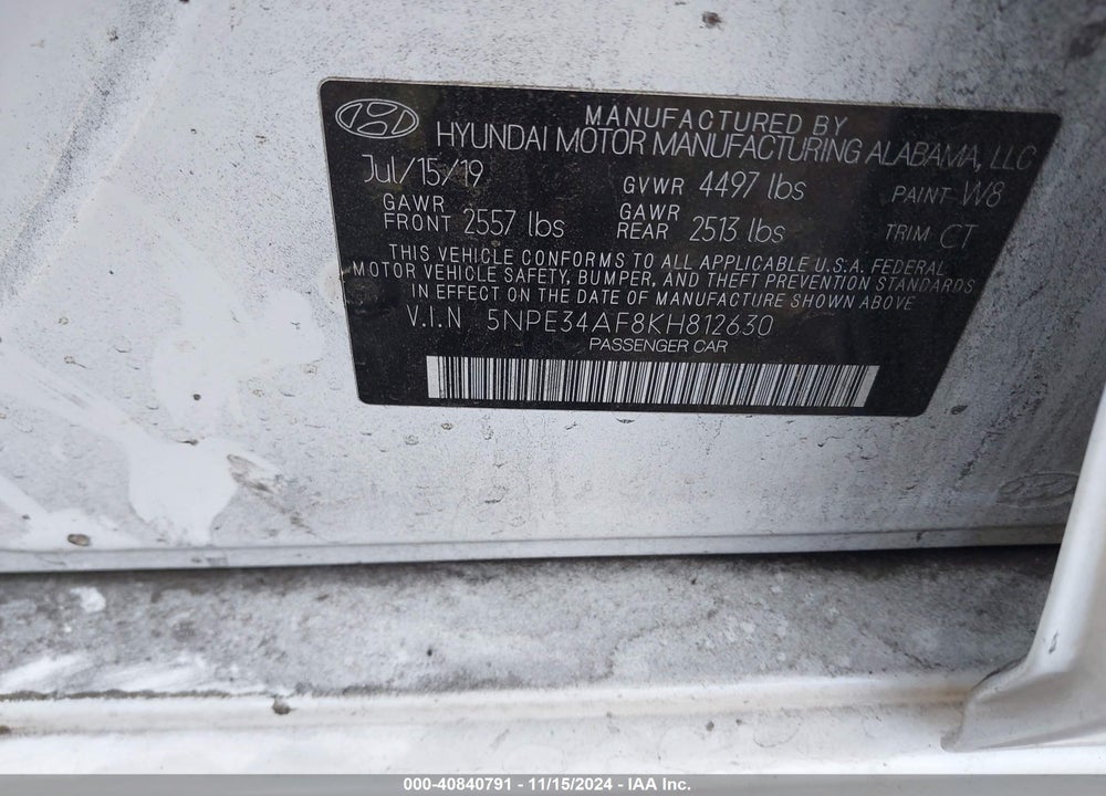 2019 HYUNDAI SONATA SEL VIN: 5NPE34AF8KH812630