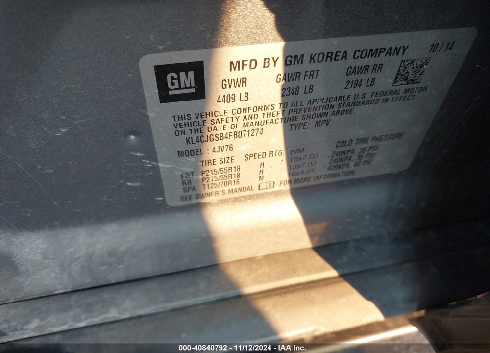 2015 BUICK ENCORE LEATHER VIN: KL4CJGSB4FB071274