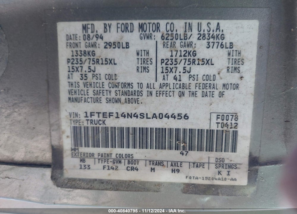1995 FORD F150 VIN: 1FTEF14N4SLA04456