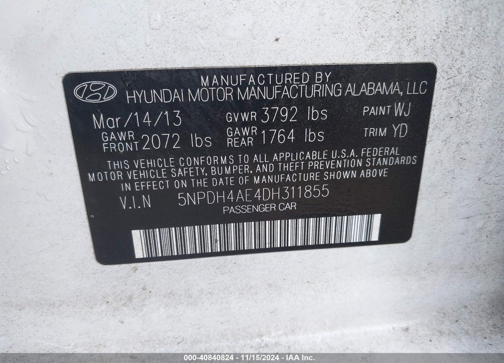 2013 HYUNDAI ELANTRA GLS VIN: 5NPDH4AE4DH311855