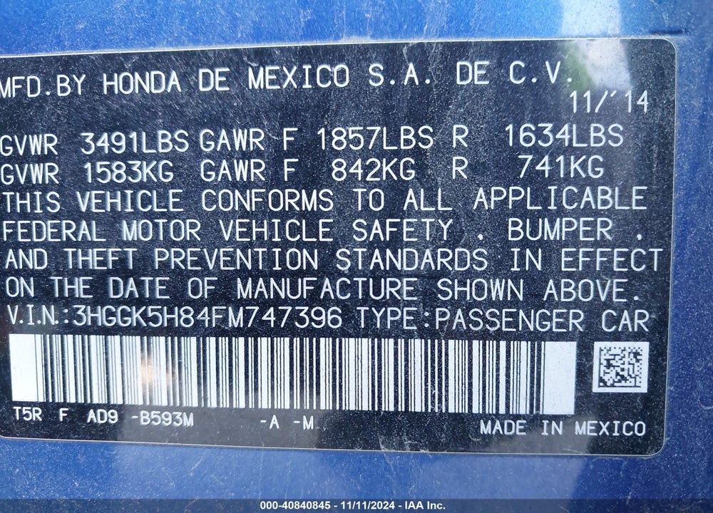 2015 HONDA FIT EX/EX-L VIN: 3HGGK5H84FM747396