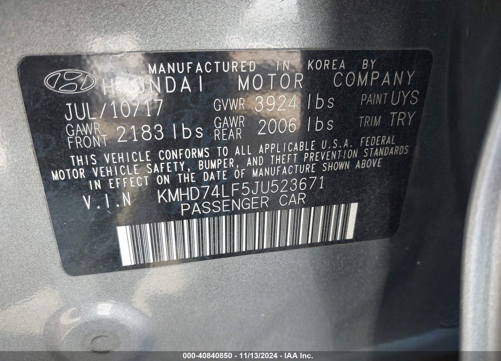 2018 HYUNDAI ELANTRA SE VIN: KMHD74LF5JU523671