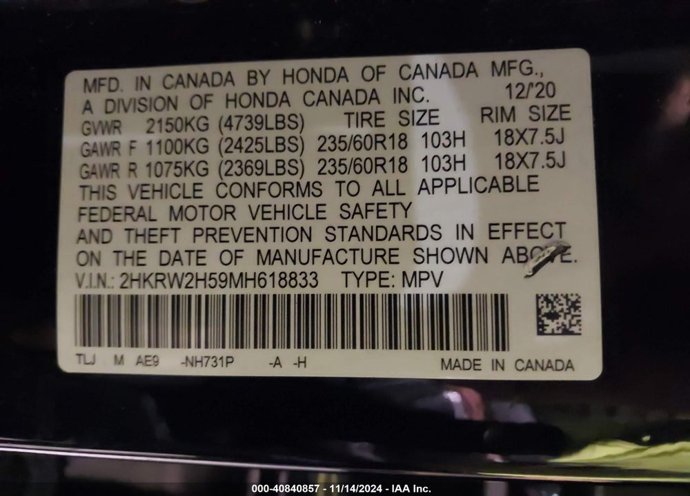 2021 HONDA CR-V VIN: 2HKRW2H59MH618833