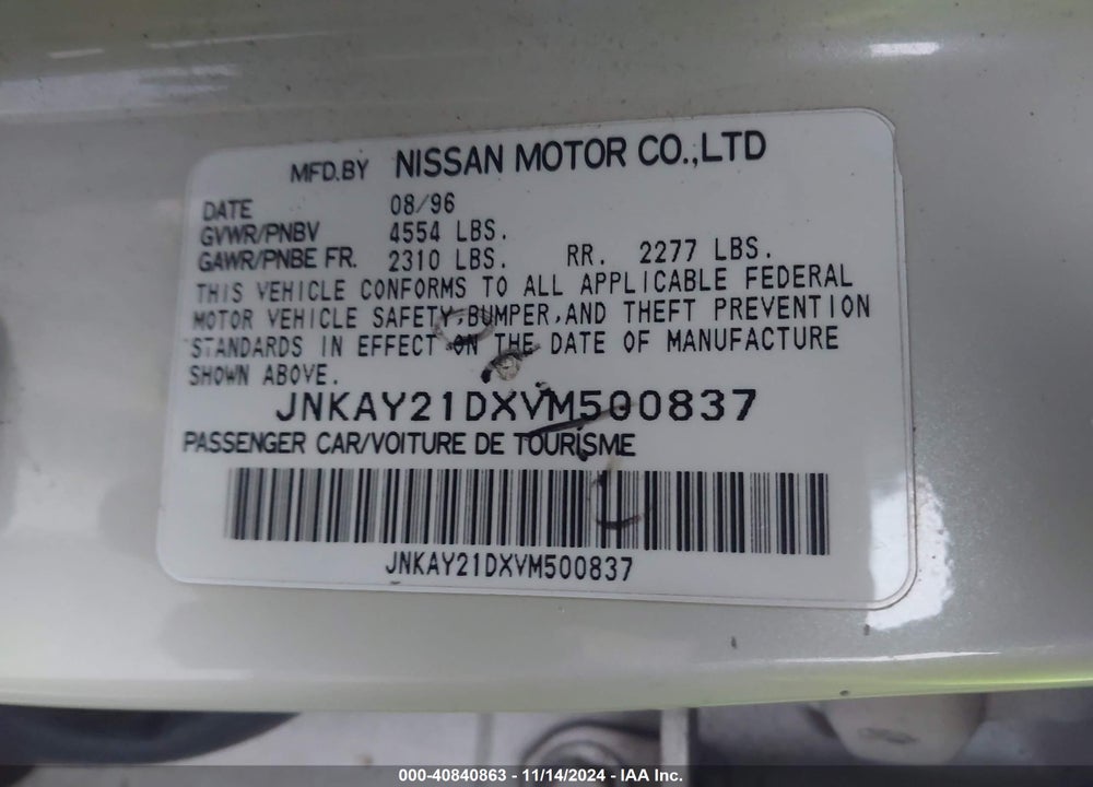1997 INFINITI J30 VIN: JNKAY21DXVM500837