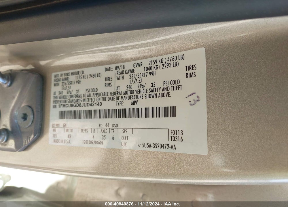 2018 FORD ESCAPE SE VIN: 1FMCU9GD8JUD42140