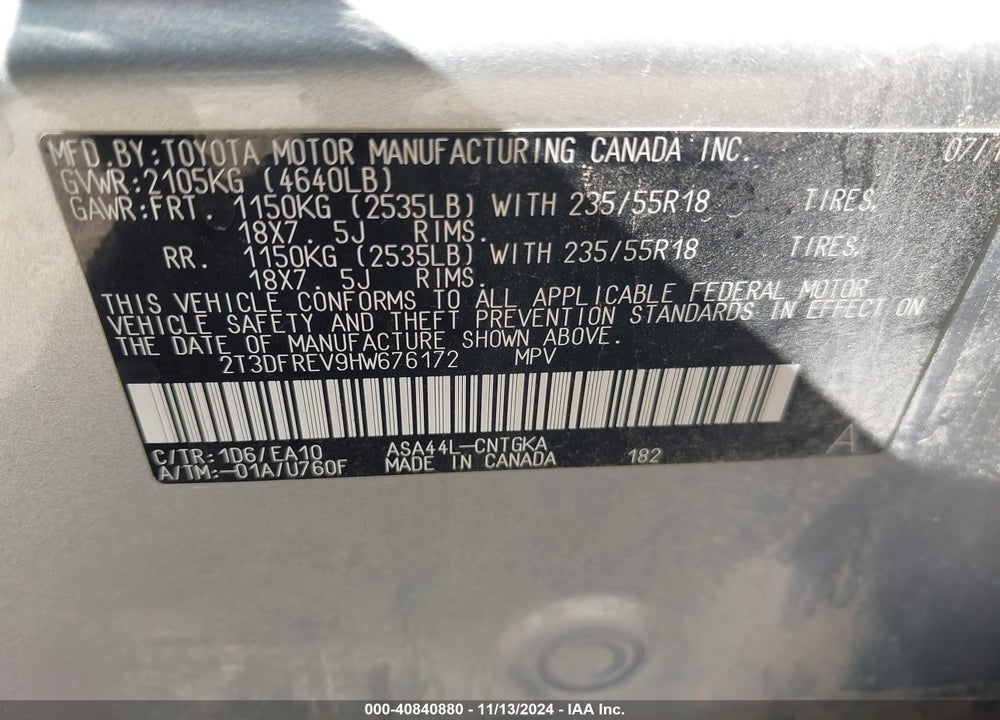 2017 TOYOTA RAV4 PLATINUM VIN: 2T3DFREV9HW676172