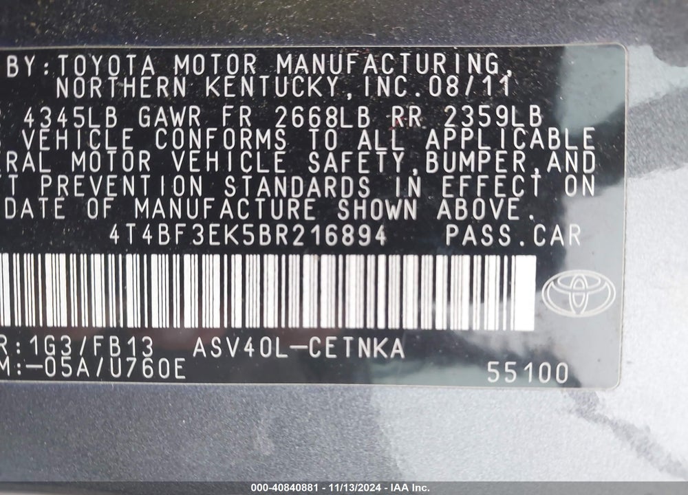 2011 TOYOTA CAMRY LE VIN: 4T4BF3EK5BR216894