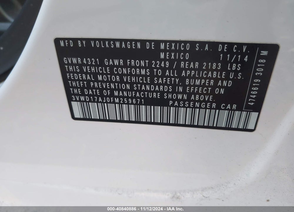 2015 VOLKSWAGEN JETTA 1.8T SE VIN: 3VWD17AJ0FM259671
