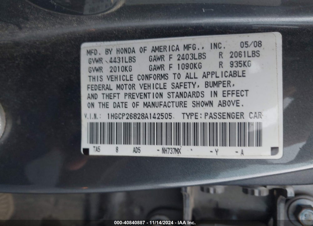 2008 HONDA ACCORD 2.4 EX-L VIN: 1HGCP26828A142505