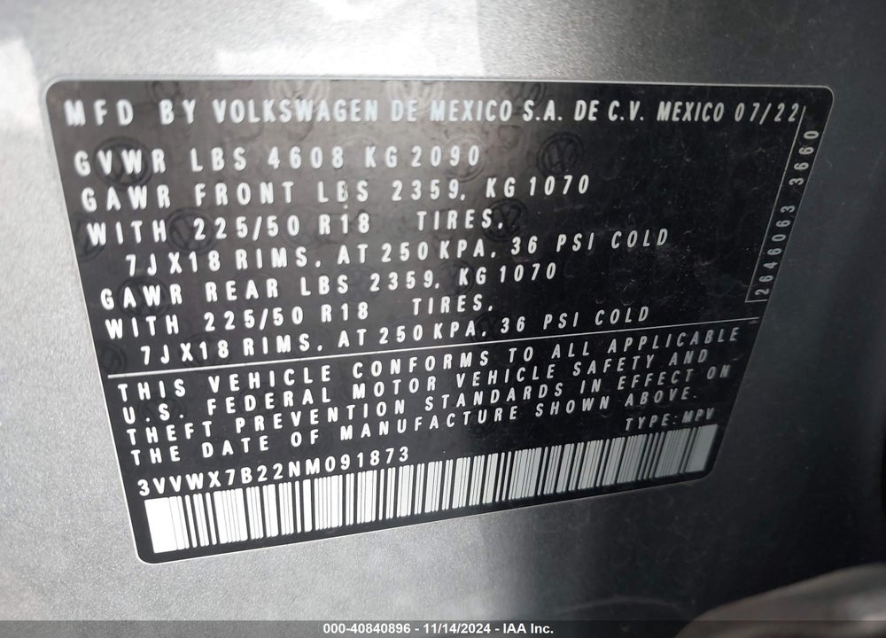 2022 VOLKSWAGEN TAOS 1.5T SE VIN: 3VVWX7B22NM091873