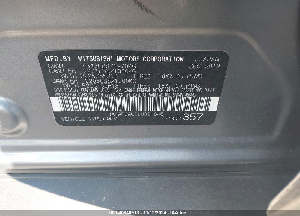2020 MITSUBISHI OUTLANDER SPORT 2.0 ES VIN: JA4AP3AU2LU021846