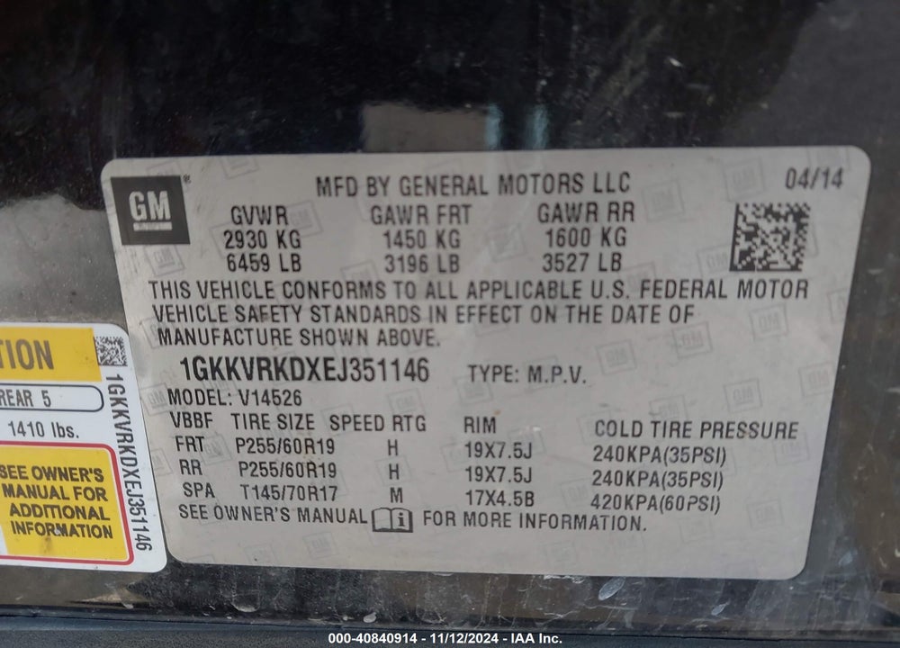 2014 GMC ACADIA SLT-1 VIN: 1GKKVRKDXEJ351146