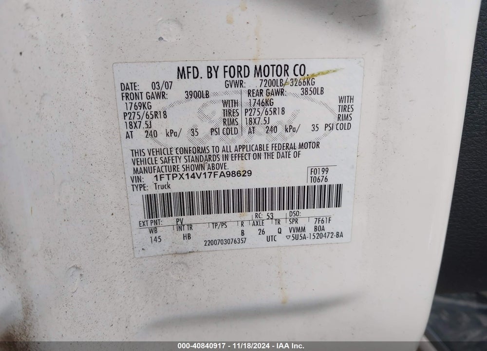 2007 FORD F-150 FX4/LARIAT/XL/XLT VIN: 1FTPX14V17FA98629