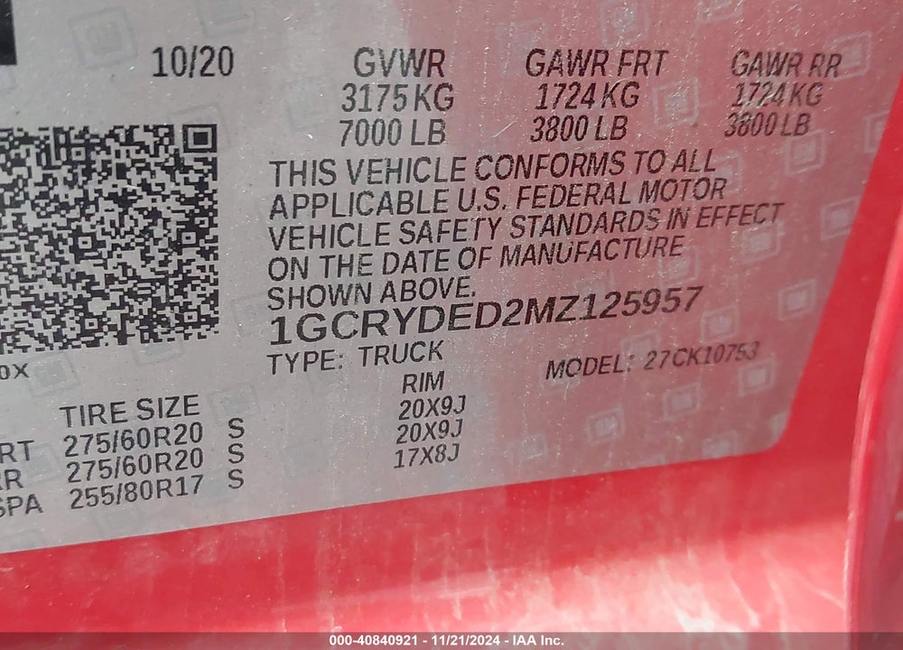 2021 CHEVROLET SILVERADO 1500 4WD STANDARD BED LT VIN: 1GCRYDED2MZ125957