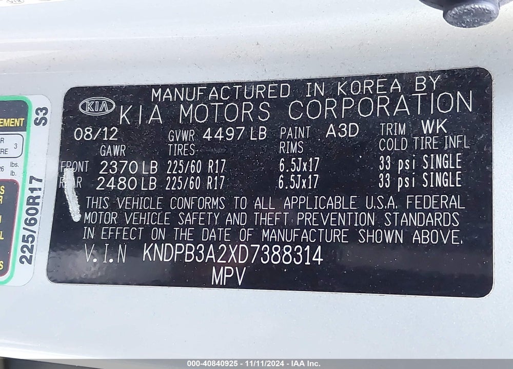 2013 KIA SPORTAGE LX VIN: KNDPB3A2XD7388314
