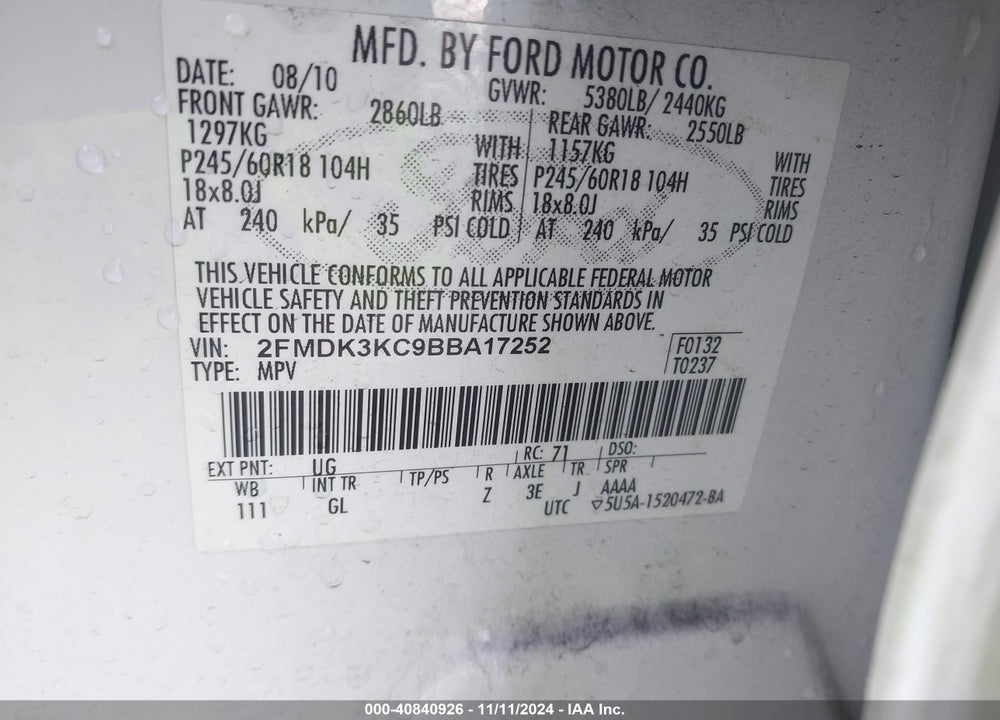 2011 FORD EDGE LIMITED VIN: 2FMDK3KC9BBA17252