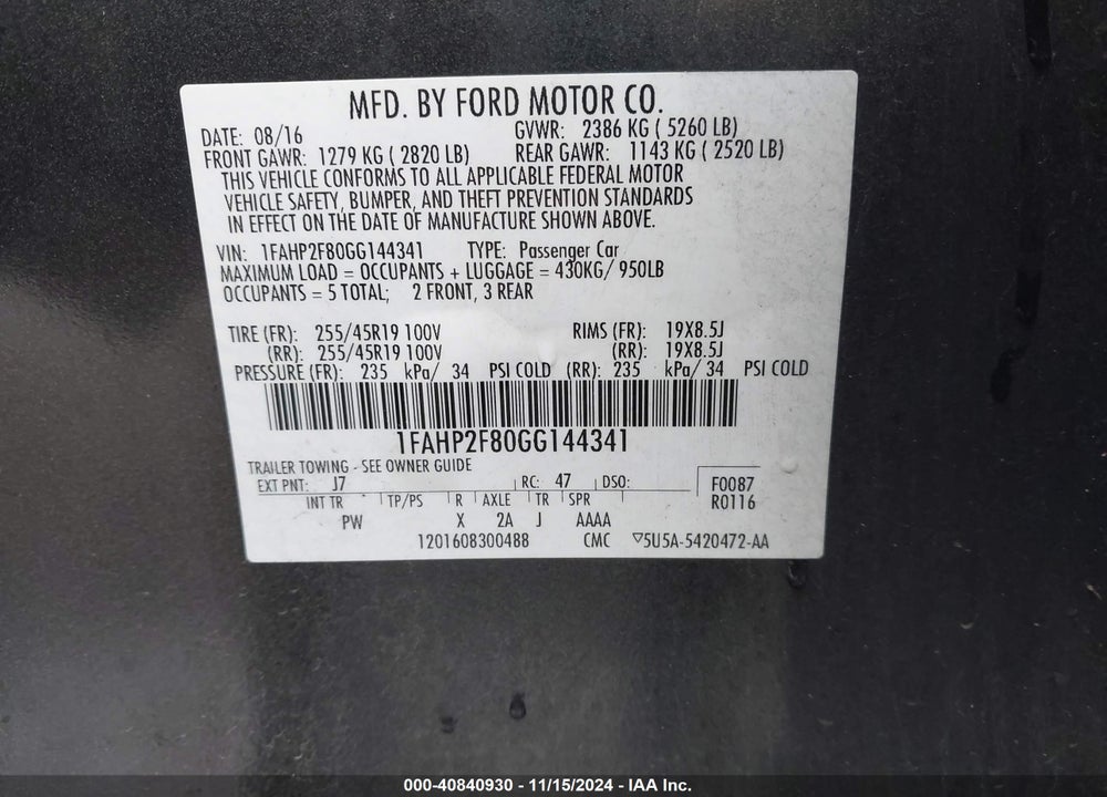 2016 FORD TAURUS LIMITED VIN: 1FAHP2F80GG144341