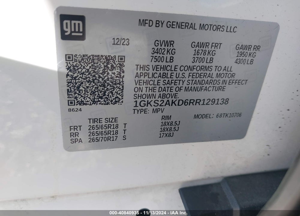 2024 GMC YUKON 4WD SLE VIN: 1GKS2AKD6RR129138