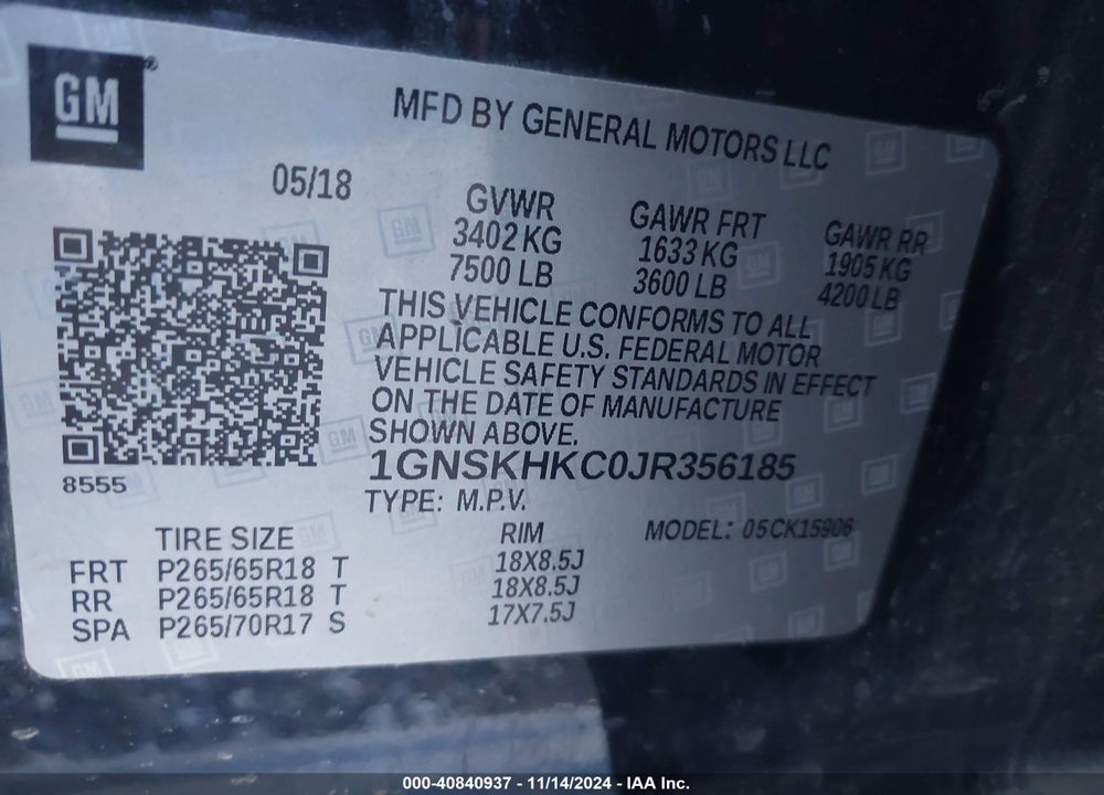 2018 CHEVROLET SUBURBAN LT VIN: 1GNSKHKC0JR356185